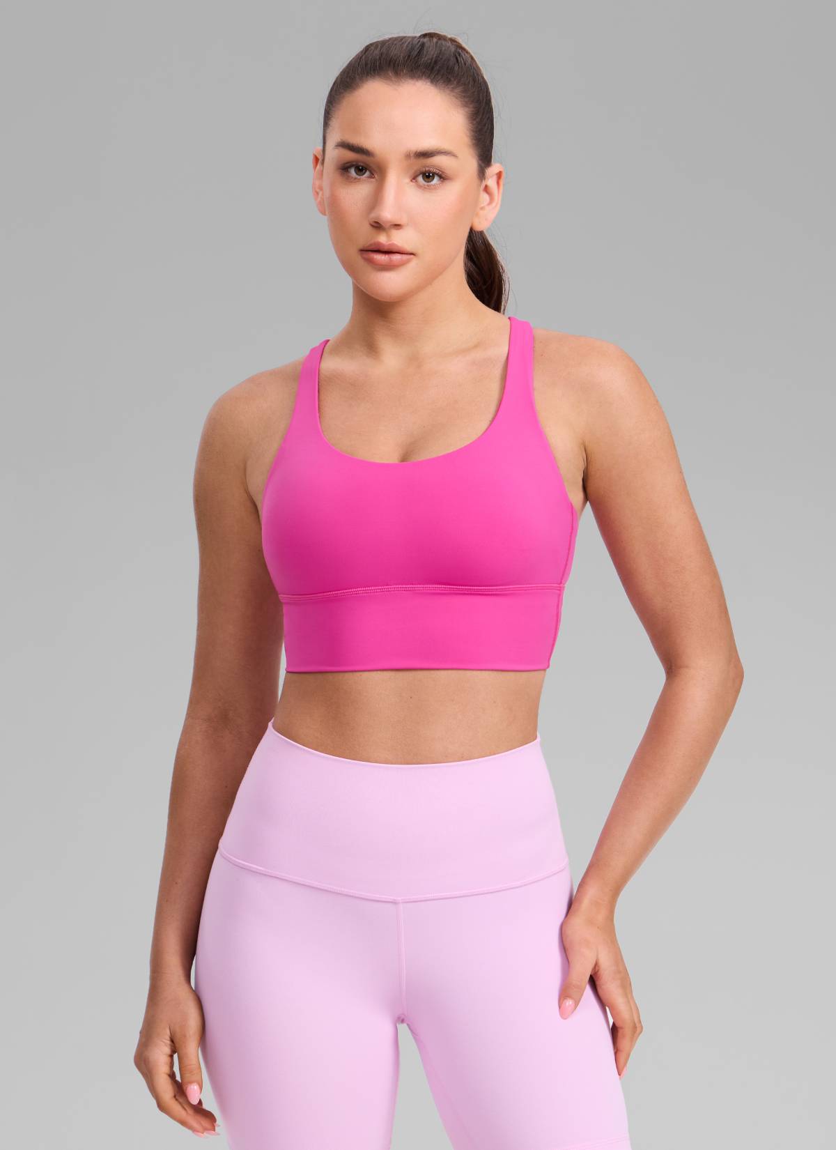 CRZ YOGA Womens Strappy Longline Nakedfeel Training Sports Bra Hibiscus Purple @model_info:Brooklyn