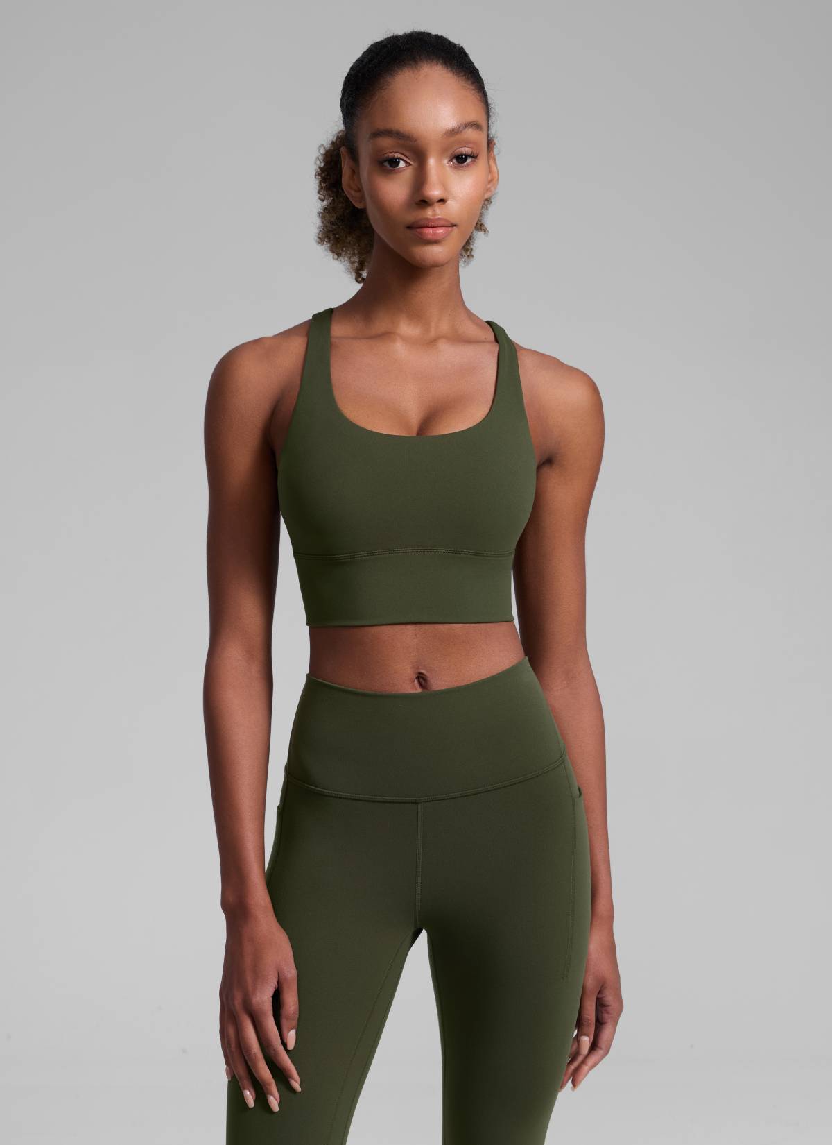 CRZ YOGA Womens Strappy Longline Nakedfeel Training Sports Bra Olive Green @model_info:Patrica