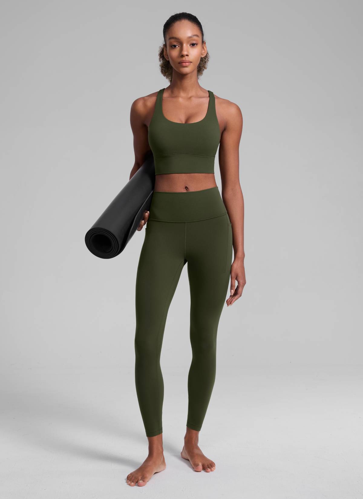 CRZ YOGA Womens Strappy Longline Nakedfeel Training Sports Bra Olive Green @model_info:Patrica