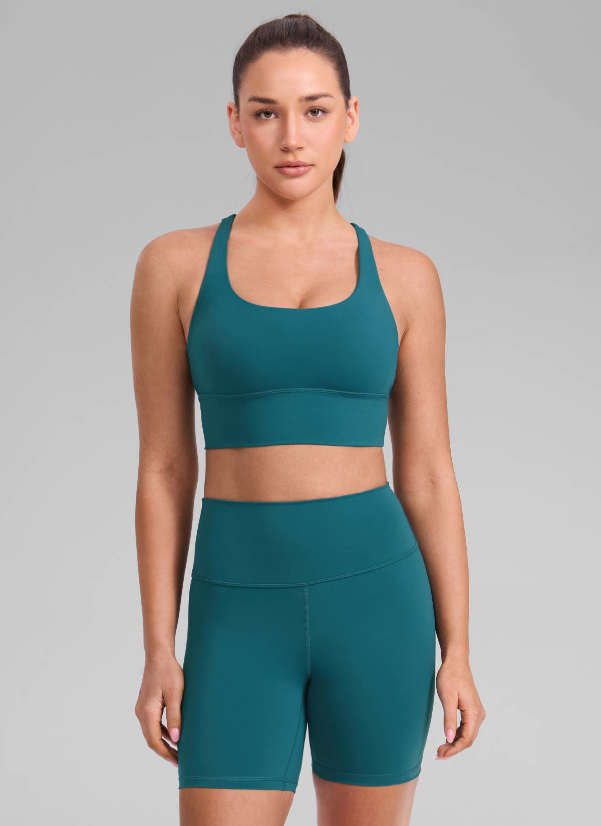 CRZ YOGA Womens Strappy Longline Nakedfeel Training Sports Bra Borealis Green @model_info:Brooklyn