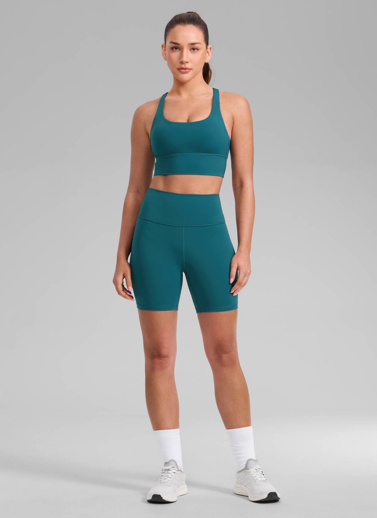 CRZ YOGA Womens Strappy Longline Nakedfeel Training Sports Bra Borealis Green @model_info:Brooklyn