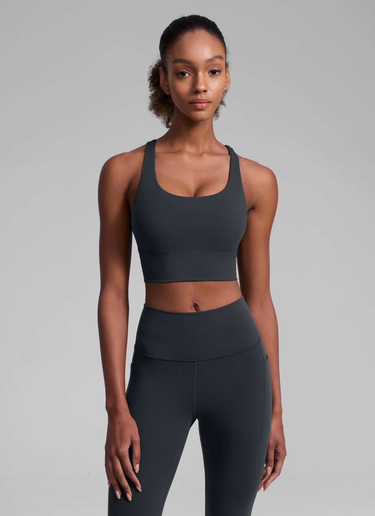 CRZ YOGA Womens Strappy Longline Nakedfeel Training Sports Bra Melanite @model_info:Patrica