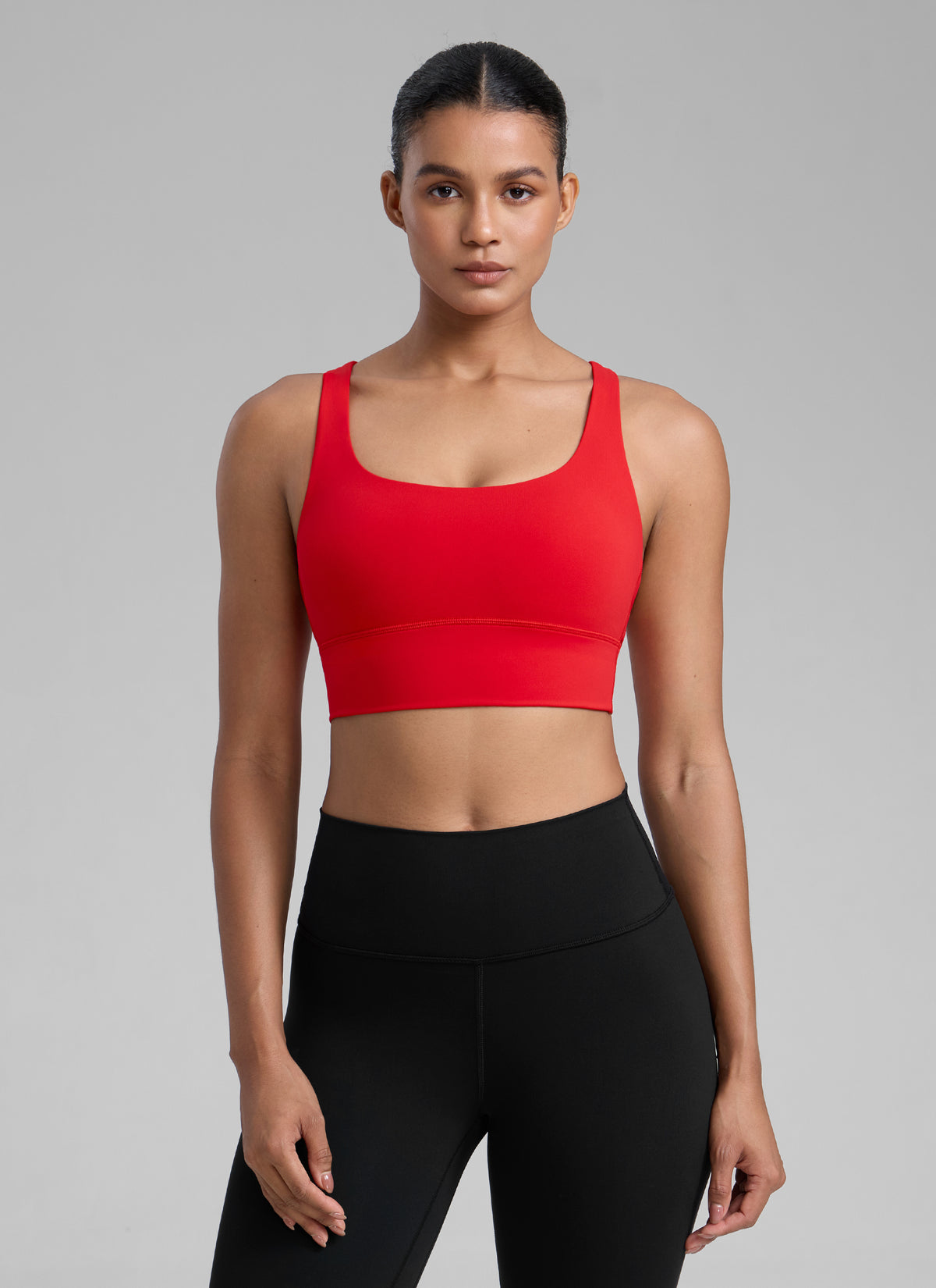 CRZ YOGA Womens Strappy Longline Nakedfeel Training Sports Bra Deep Red @model_info:Barbara