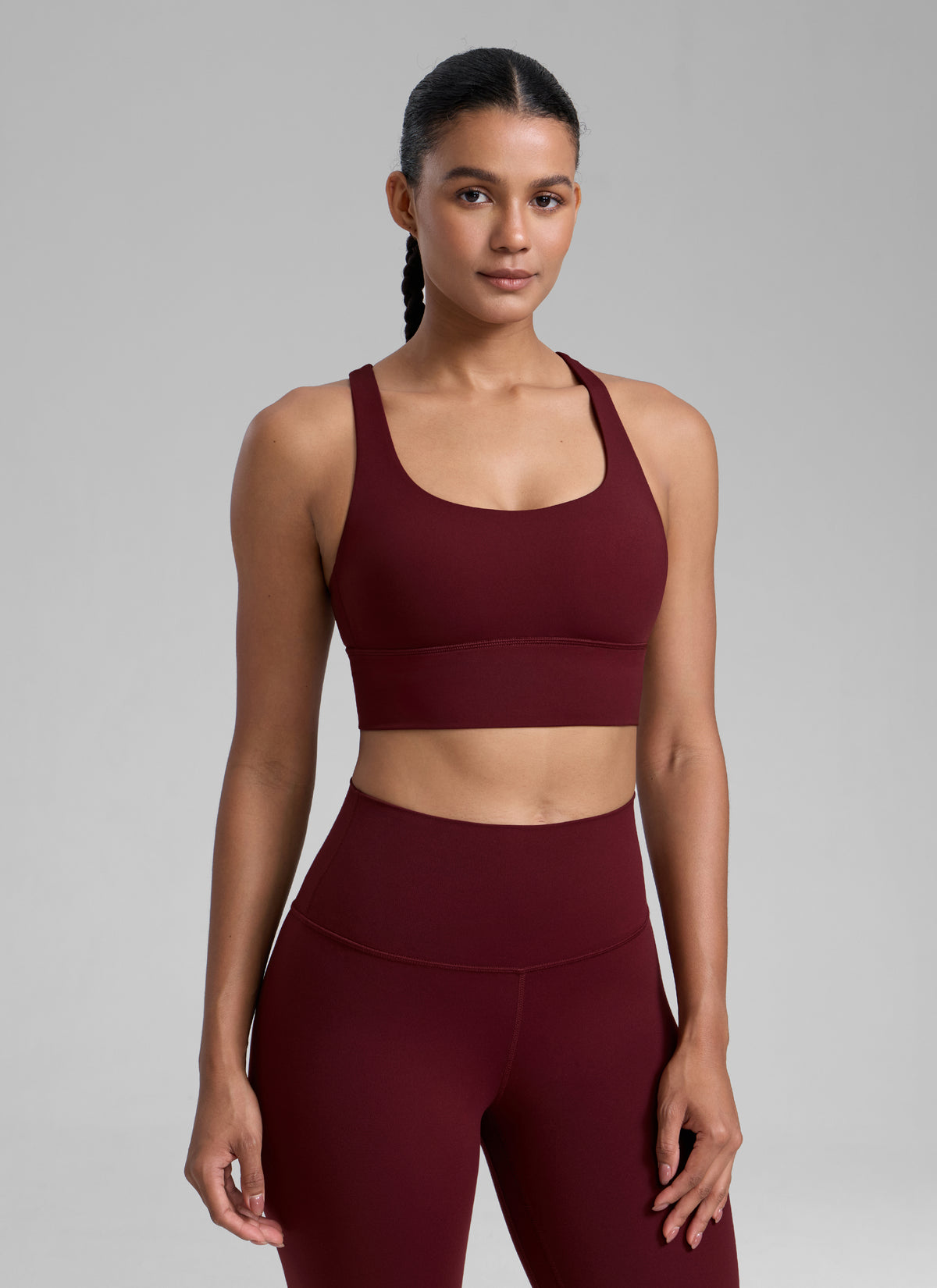 CRZ YOGA Womens Strappy Longline Nakedfeel Training Sports Bra Red Merlot @model_info:Barbara