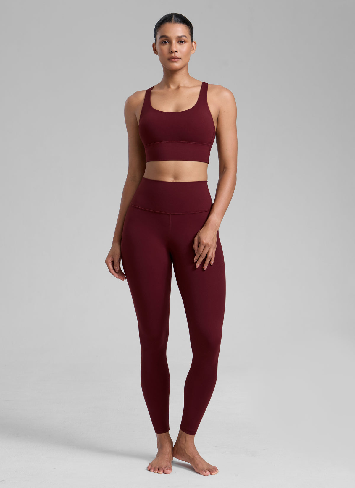 CRZ YOGA Womens Strappy Longline Nakedfeel Training Sports Bra Red Merlot @model_info:Barbara