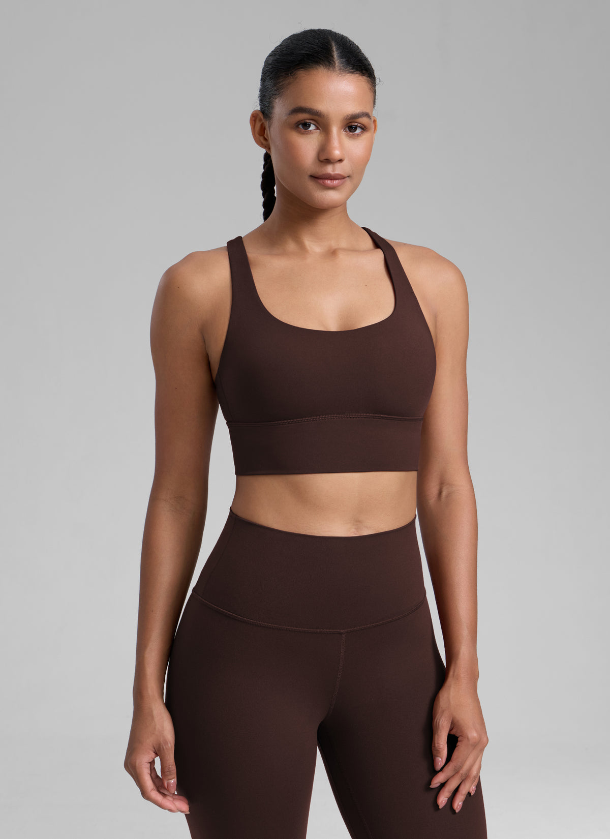 CRZ YOGA Womens Strappy Longline Nakedfeel Training Sports Bra Hot Fudge Brown @model_info:Barbara