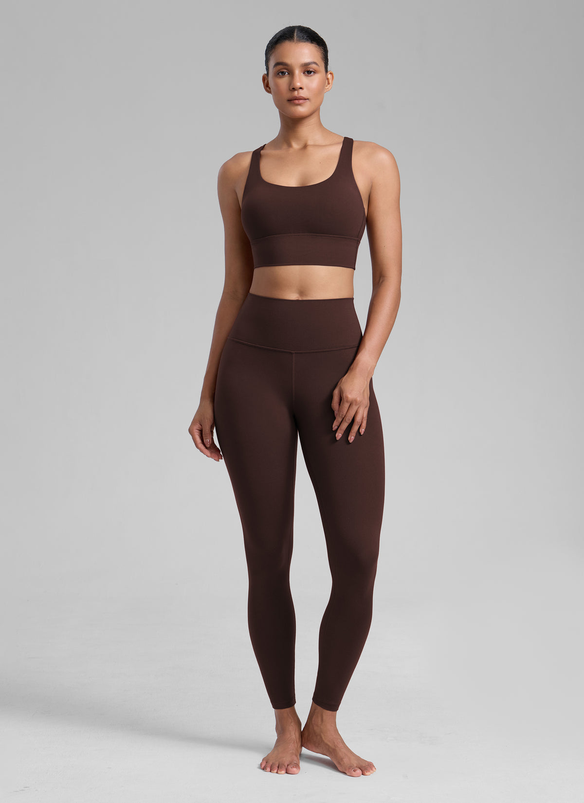 CRZ YOGA Womens Strappy Longline Nakedfeel Training Sports Bra Hot Fudge Brown @model_info:Barbara