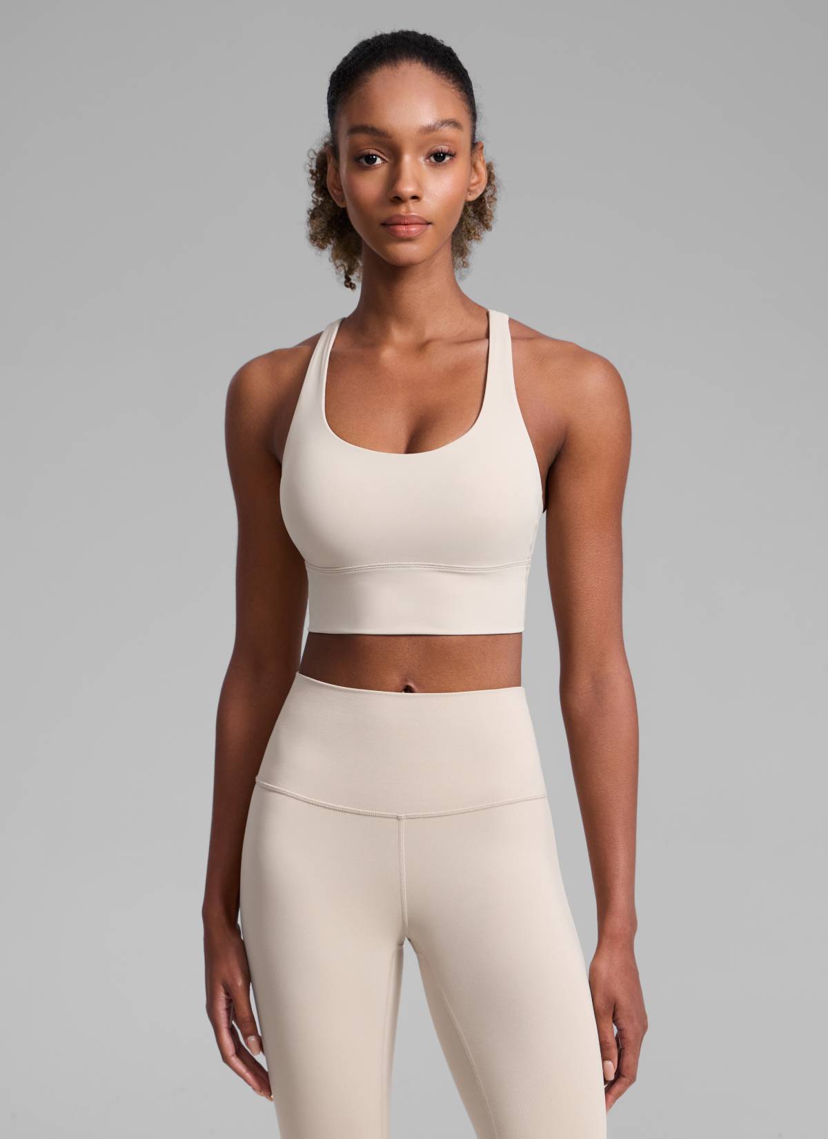 CRZ YOGA Womens Strappy Longline Nakedfeel Training Sports Bra Mojave Tan @model_info:Patrica