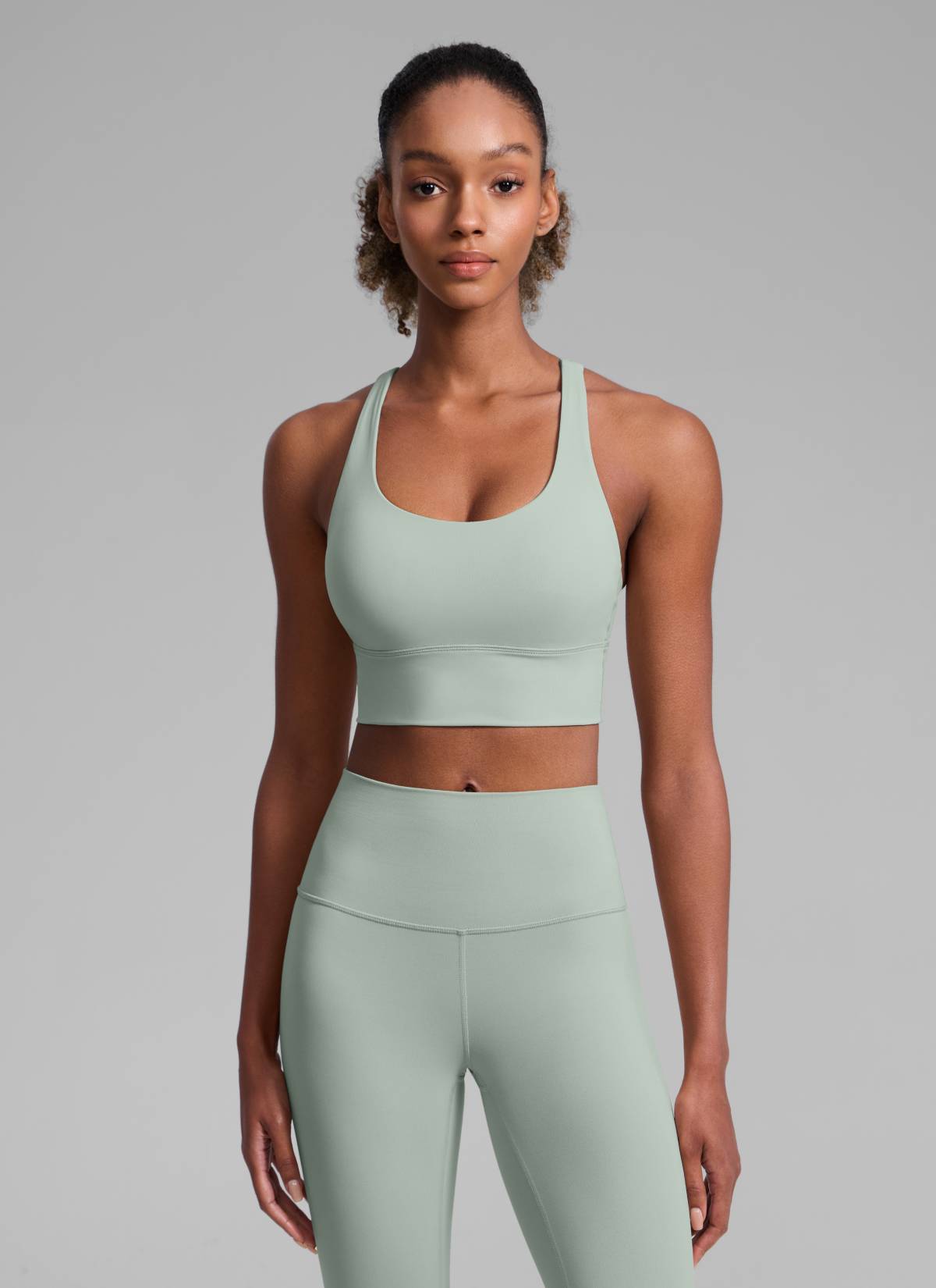 CRZ YOGA Womens Strappy Longline Nakedfeel Training Sports Bra Green Palm Court @model_info:Patrica