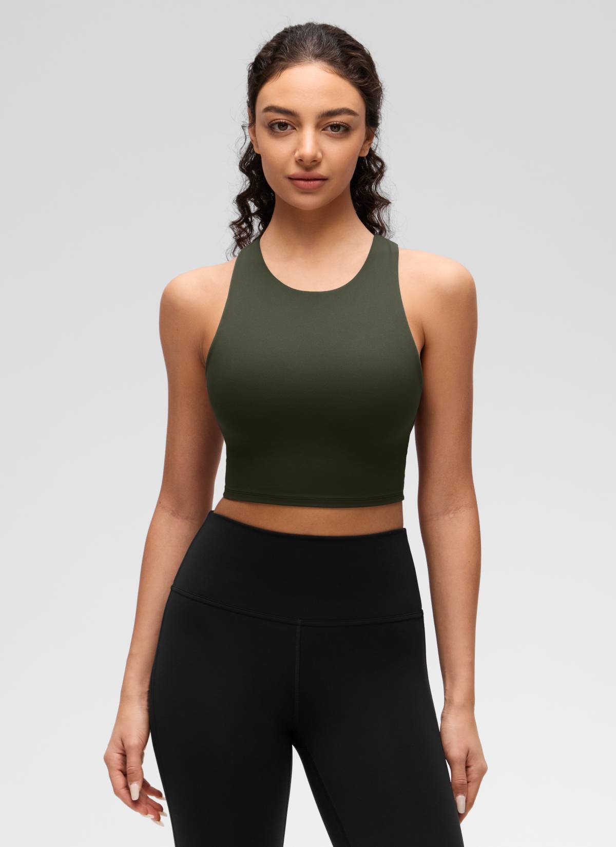 CRZ YOGA  Women's Yoga Low Support Butterluxe Tank High Neck Racerback Olive Green @model_info:Anano