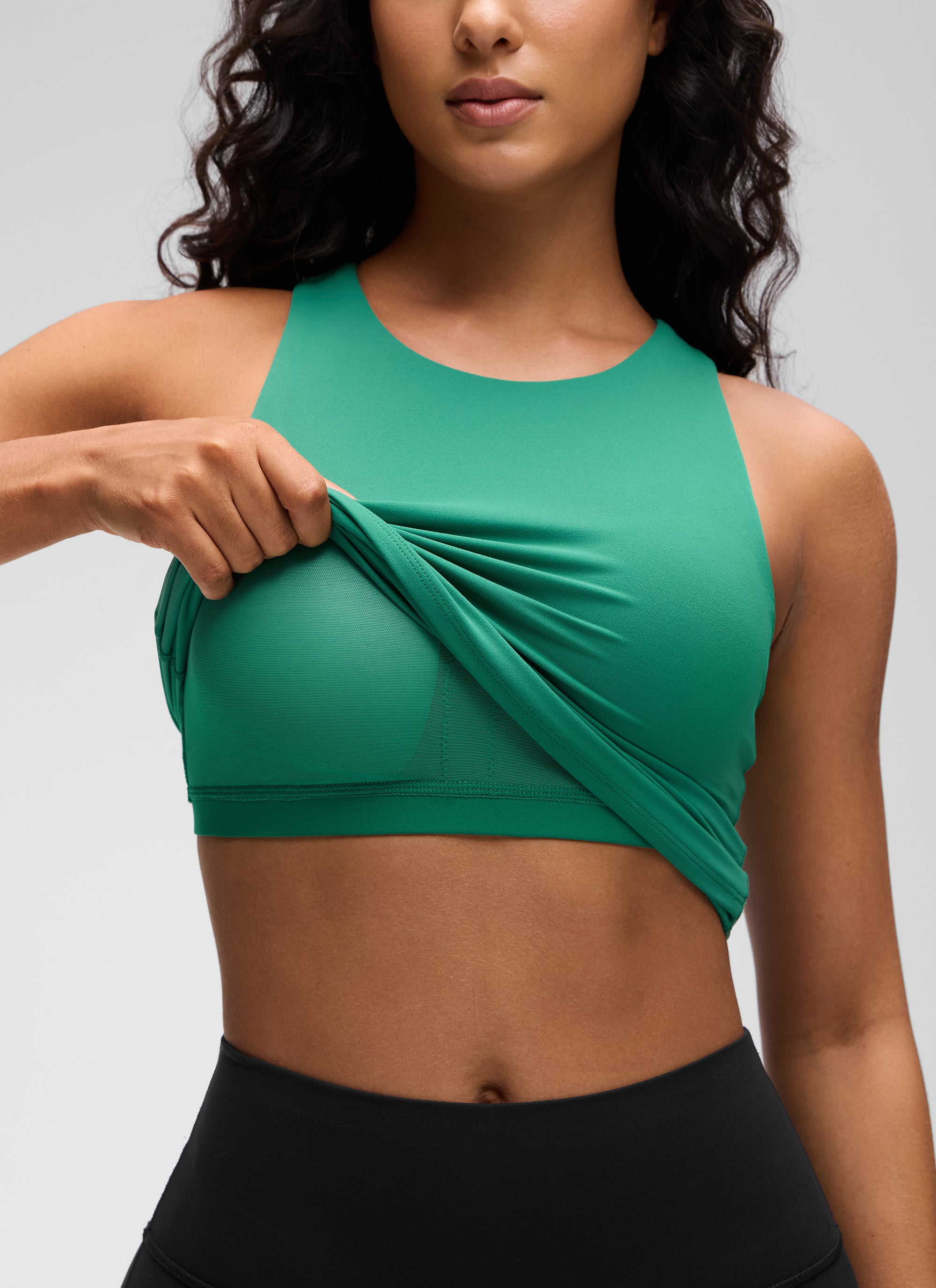 CRZ YOGA Camiseta de tirantes Butterluxe con sujetador incorporado y cuello alto estilo nadadora para mujer, verde Cascadia