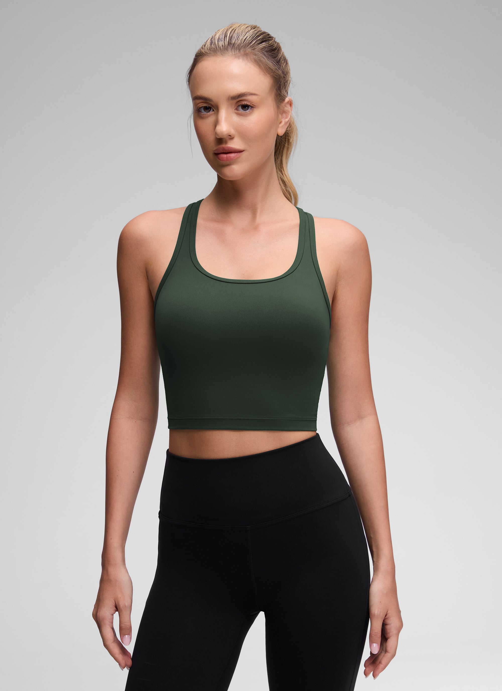 CRZ YOGA moteriška joga žemo palaikymo Butterluxe liemenėlė gilia apvalia iškirpte, Y formos nugara, „Legend Green“