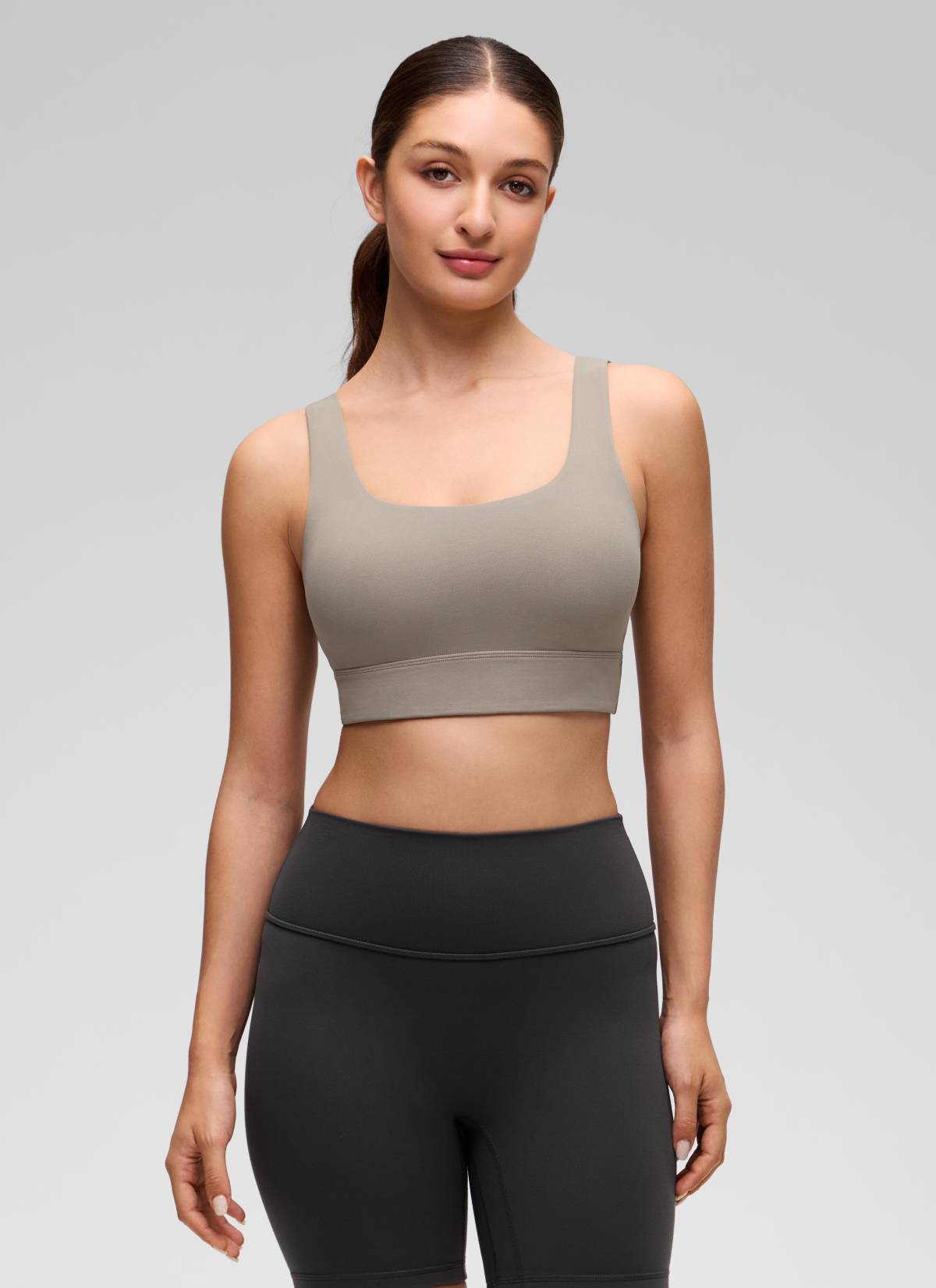 CRZ YOGA Women's Yoga Low Support Butterluxe Sport Bra U Back Longline Warm Ash Grey @model_info:Inga