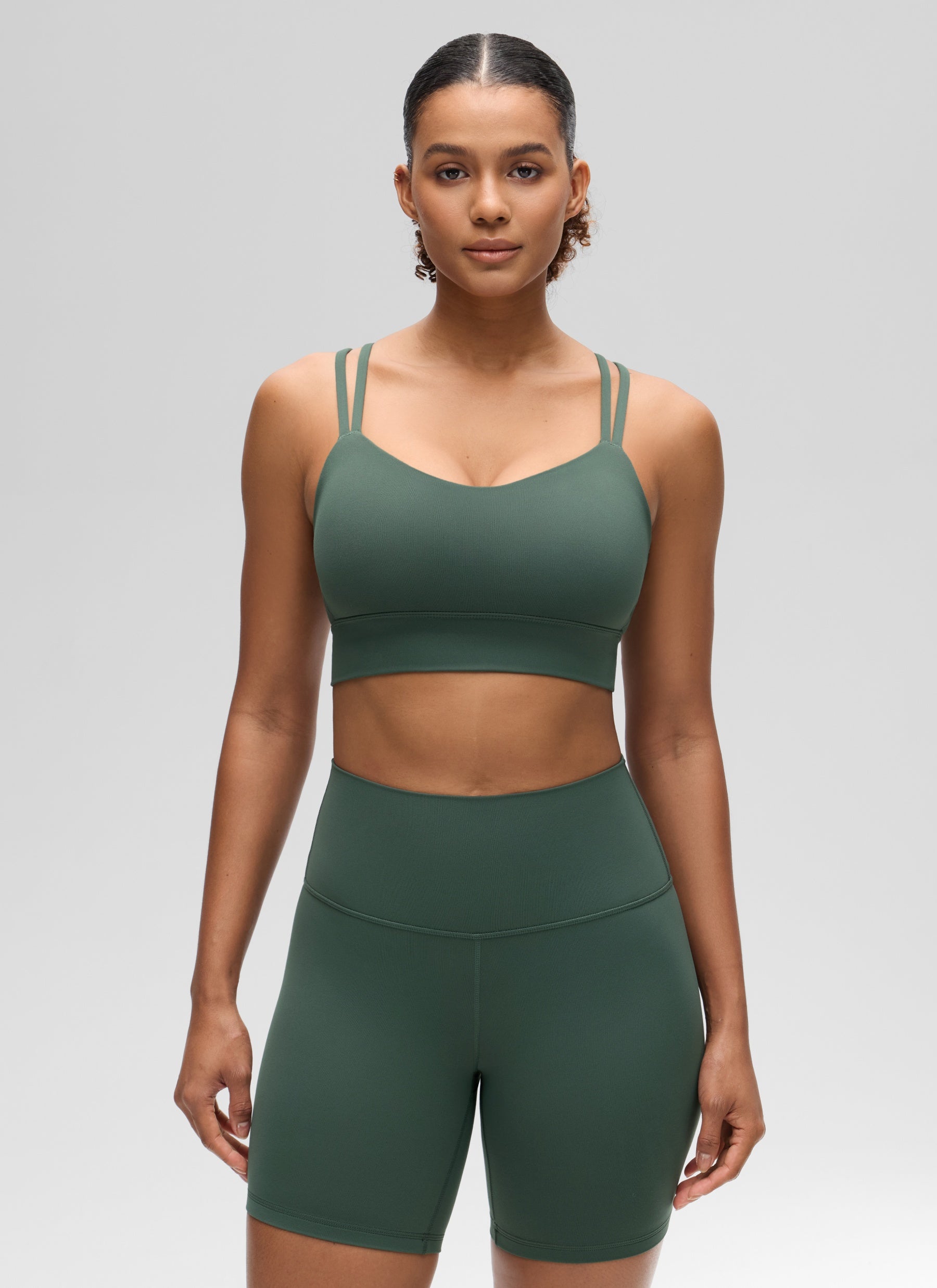CRZ YOGA Womens Butterluxe Strappy Longline Criss Cross Molded Cup Bra Dark Forest Green @model_info:Barbara