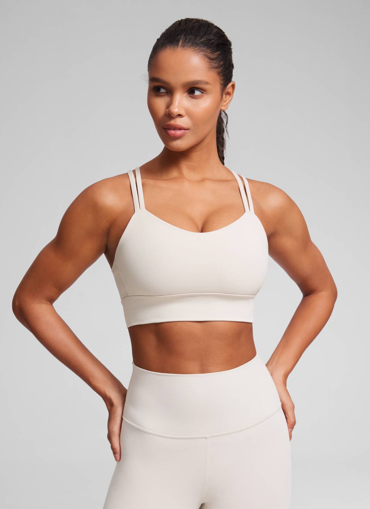 CRZ YOGA Womens Butterluxe Strappy Longline Criss Cross Molded Cup Bra White Apricot