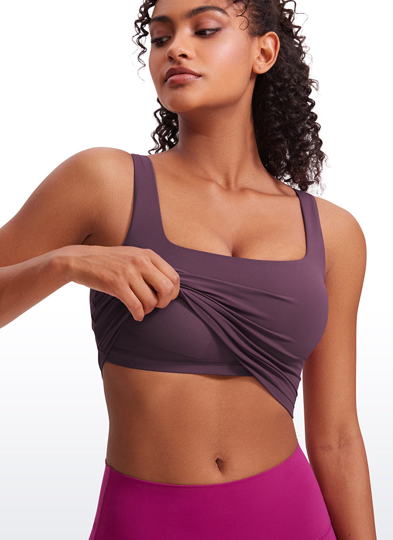 CRZ YOGA Sutien lung de yoga pentru femei, cu impact redus, din material Butterluxe, cu decolteu pătrat, culoare „Grape Thistle Purple”