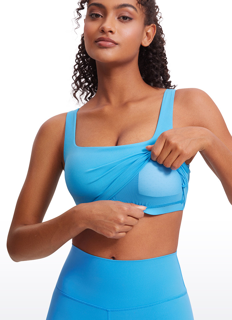 CRZ YOGA Sutien lung de yoga pentru femei, cu impact redus, din material Butterluxe, cu decolteu pătrat, albastru kayak