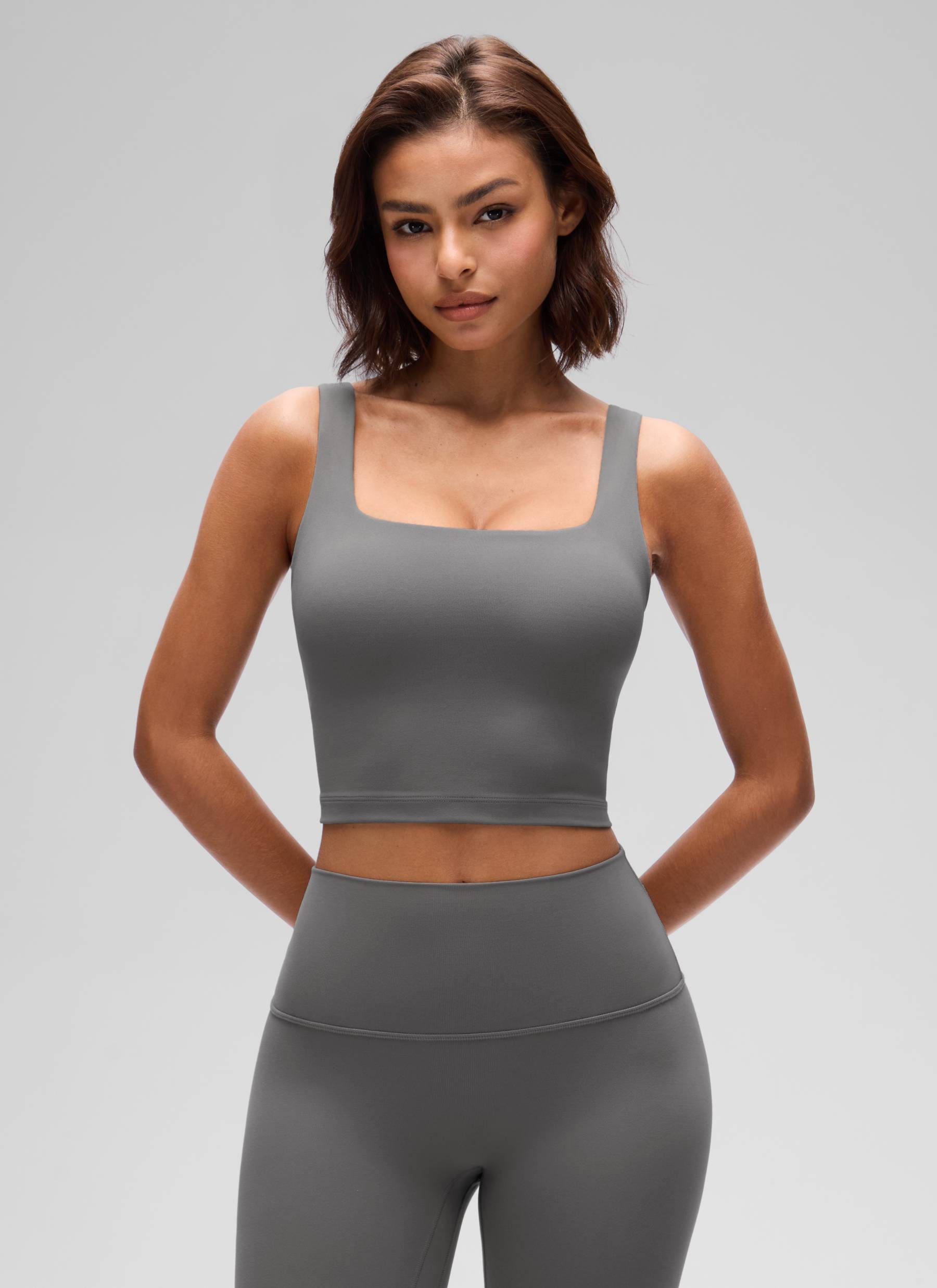 CRZ YOGA Women's Yoga Low Impact Butterluxe Longline Bra Square Neck Ash Grey