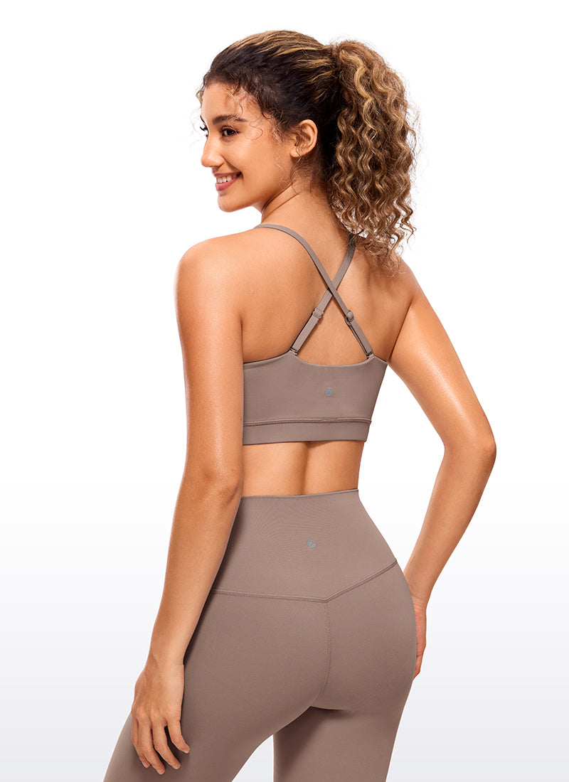 CRZ YOGA Sutien sport pentru femei Butterluxe cu bretele subțiri tip „spaghetti” reglabile, maro și violet
