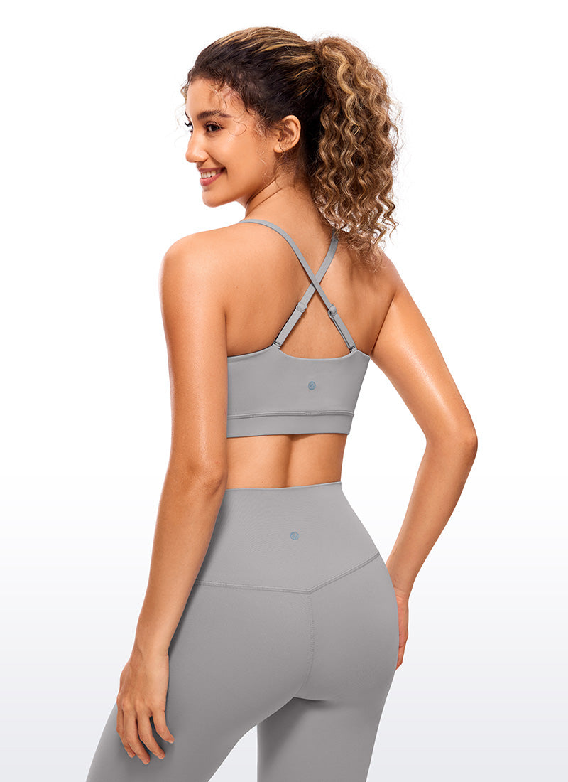 CRZ YOGA Sutien sport pentru femei Butterluxe cu bretele subțiri tip „spaghetti” reglabile, culoare gri-păsăre de mare