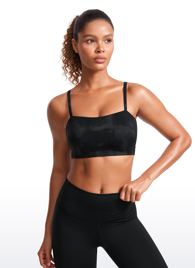 CRZ YOGA Sutien sport pentru femei Butterluxe cu bretele subțiri tip „spaghetti” reglabile, negru, cu imprimeu floral „tie-dye”