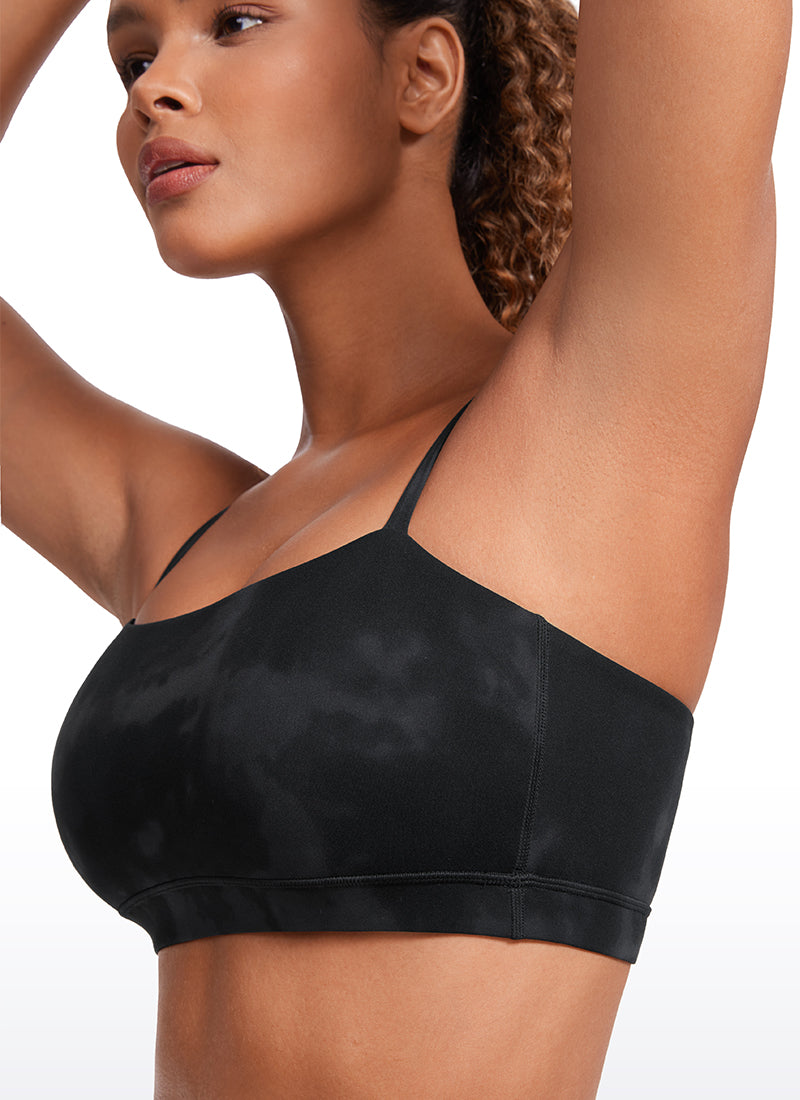 CRZ YOGA Sutien sport pentru femei Butterluxe cu bretele subțiri tip „spaghetti” reglabile, negru, cu imprimeu floral „tie-dye”