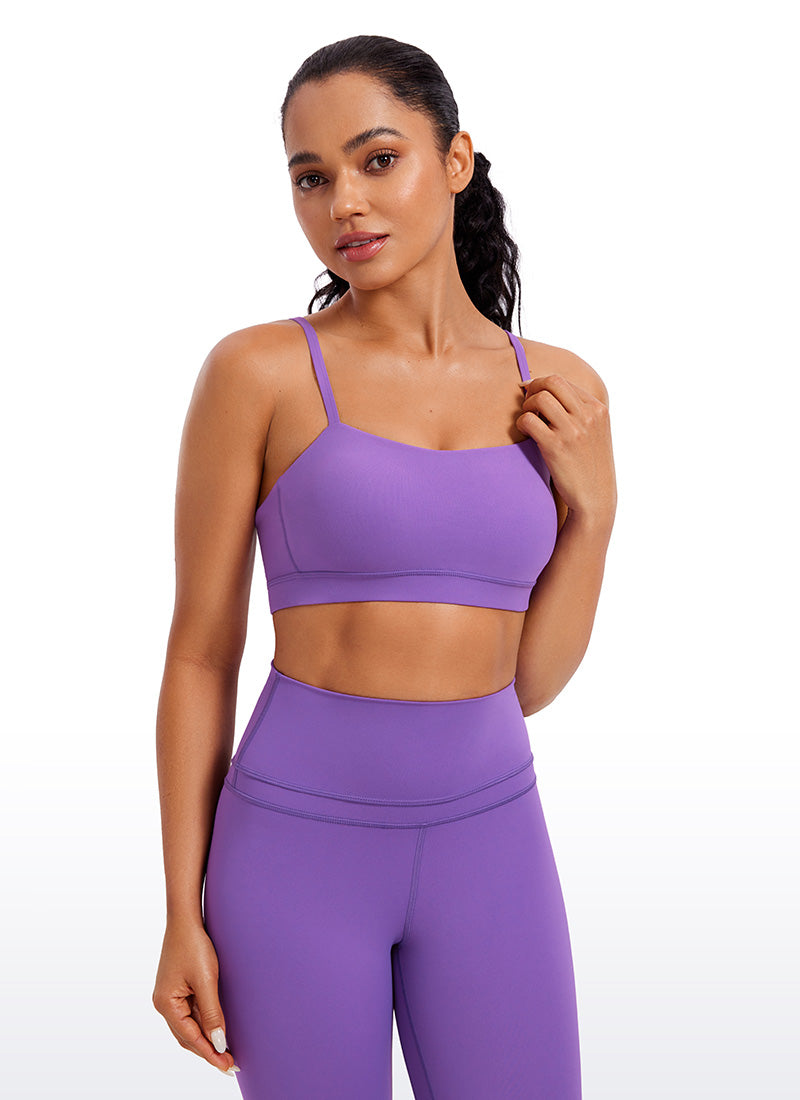 CRZ YOGA Sutien sport pentru femei Butterluxe cu bretele subțiri tip „spaghetti” reglabile, culoare liliac regal