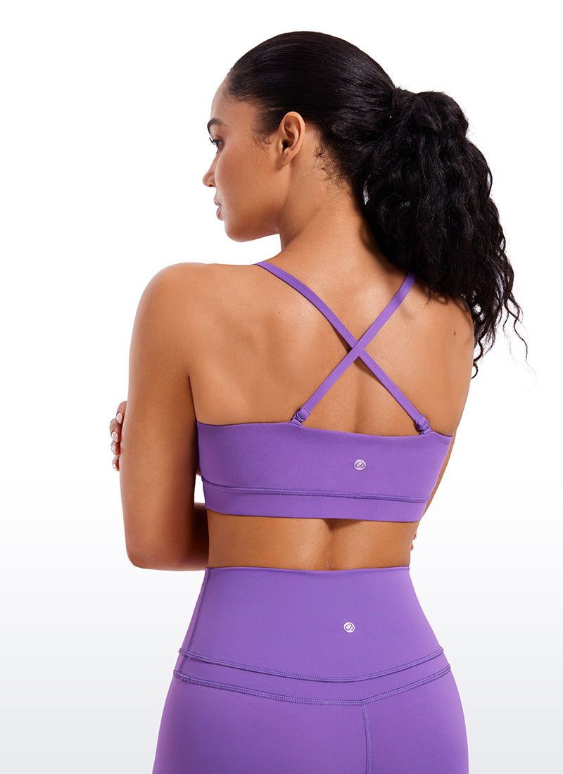 CRZ YOGA Sutien sport pentru femei Butterluxe cu bretele subțiri tip „spaghetti” reglabile, culoare liliac regal