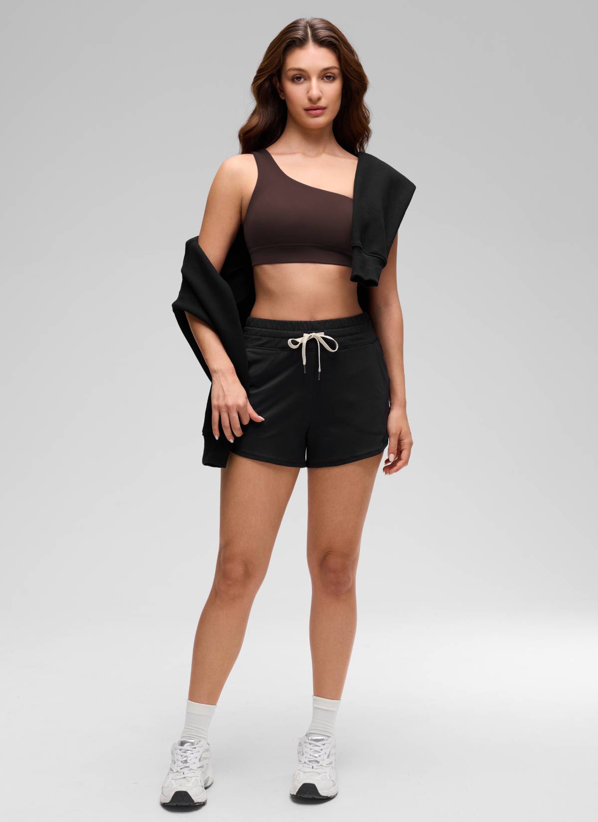 CRZ YOGA Butterluxe Womens One Shoulder Sports Bra Asymmetrical Padded Hot Fudge Brown @model_info:Inga