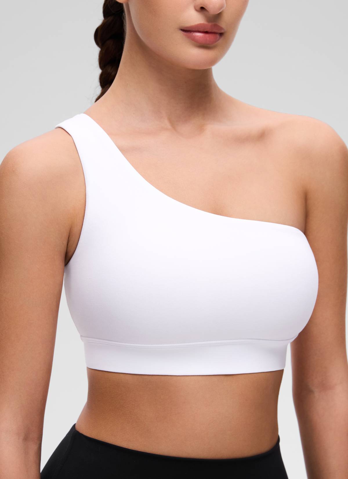 CRZ YOGA Butterluxe Womens One Shoulder Sports Bra Asymmetrical Padded White @model_info:Inga