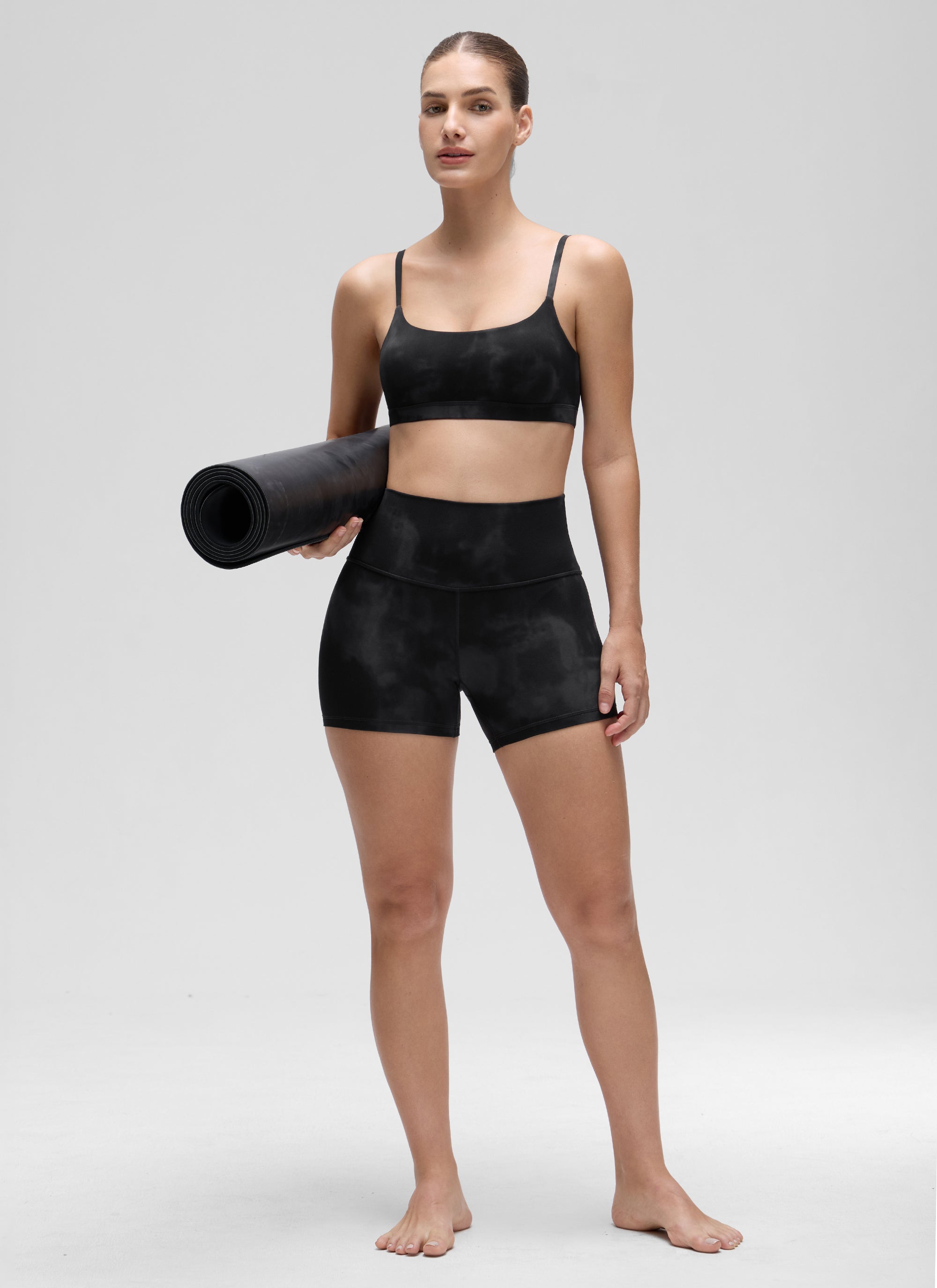 CRZ YOGA Womens Butterluxe Adjustable Spaghetti Strap Scoop Neck Bra Black Tie Dye Flowers @model_info:Jaynne