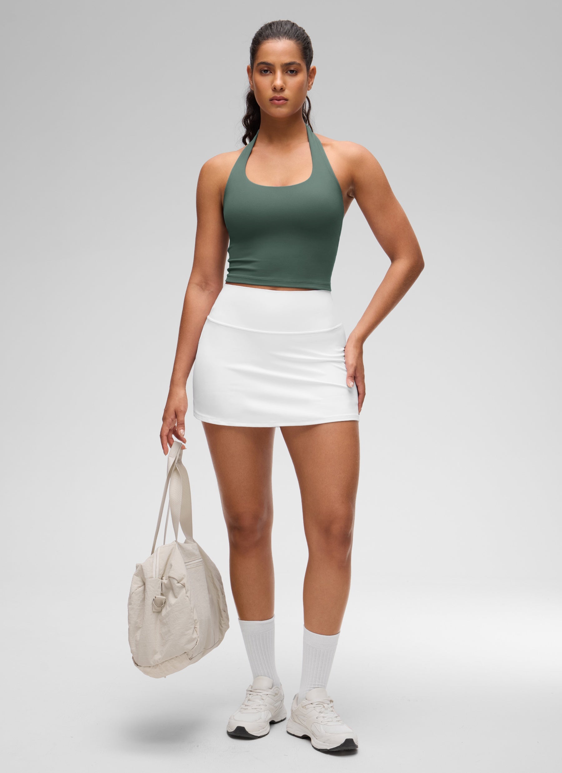 CRZ YOGA Womens Butterluxe Halter Longline Sports Bra Crop Tank Tops Dark Forest Green @model_info:Carol