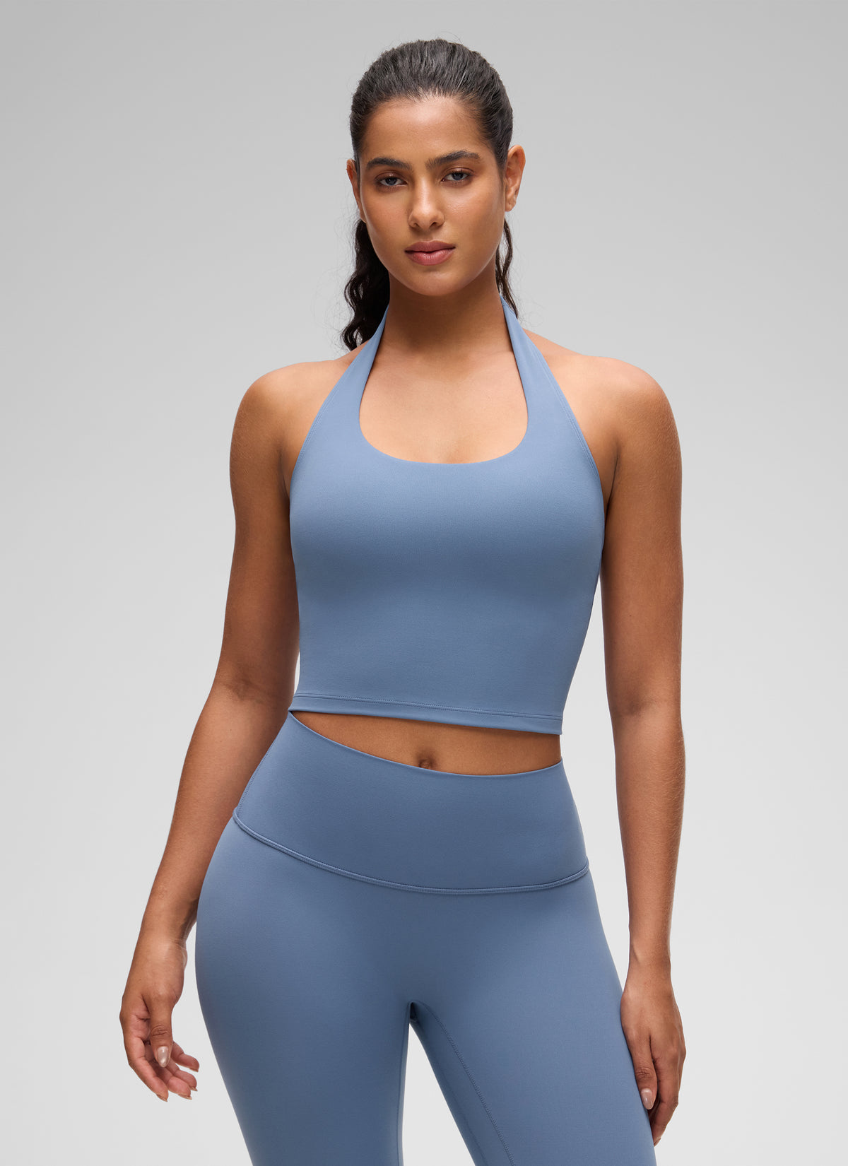 CRZ YOGA Womens Butterluxe Halter Longline Sports Bra Crop Tank Tops Washed Denim @model_info:Carol