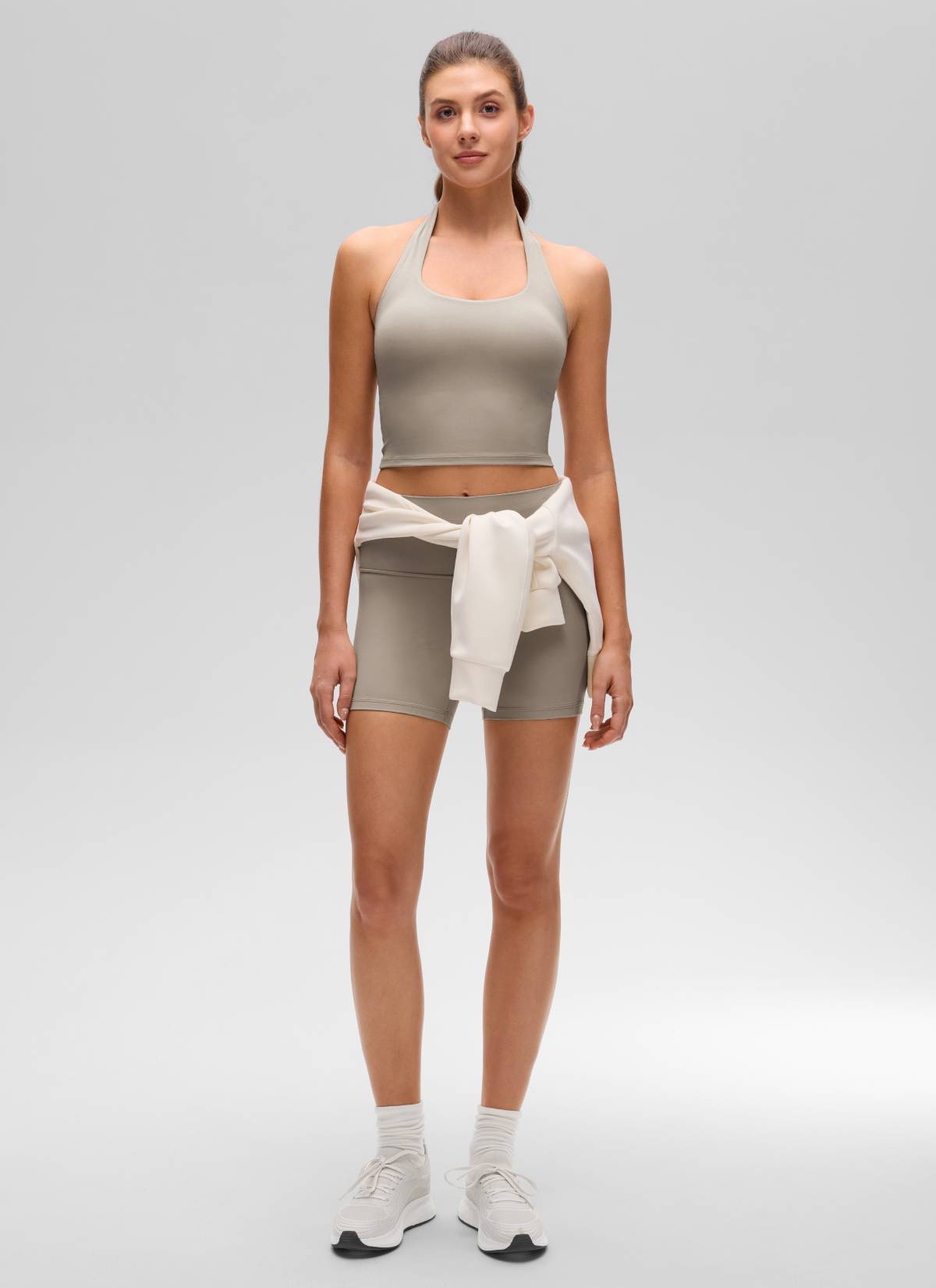CRZ YOGA Womens Butterluxe Halter Longline Sports Bra Crop Tank Tops Warm Ash Grey @model_info:Gelya
