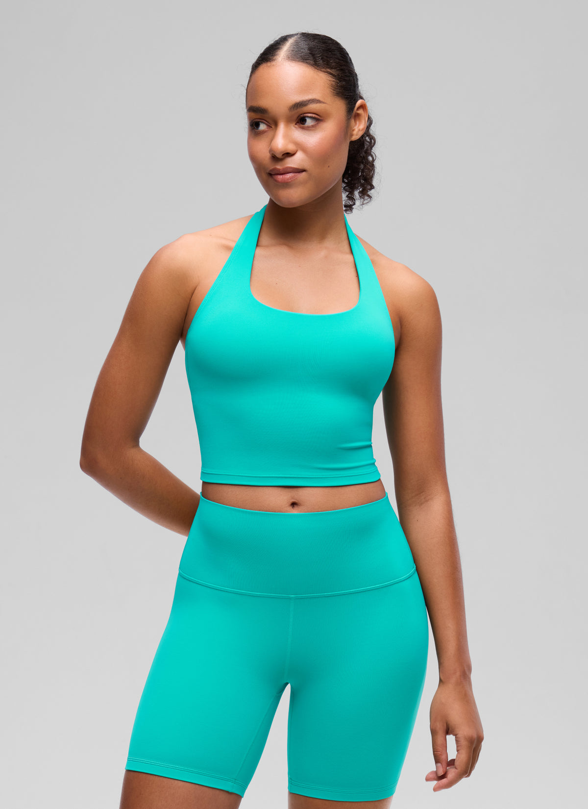 CRZ YOGA Top corto deportivo tipo halter Butterluxe de tiro largo para mujer Azul trópico @model_info:F