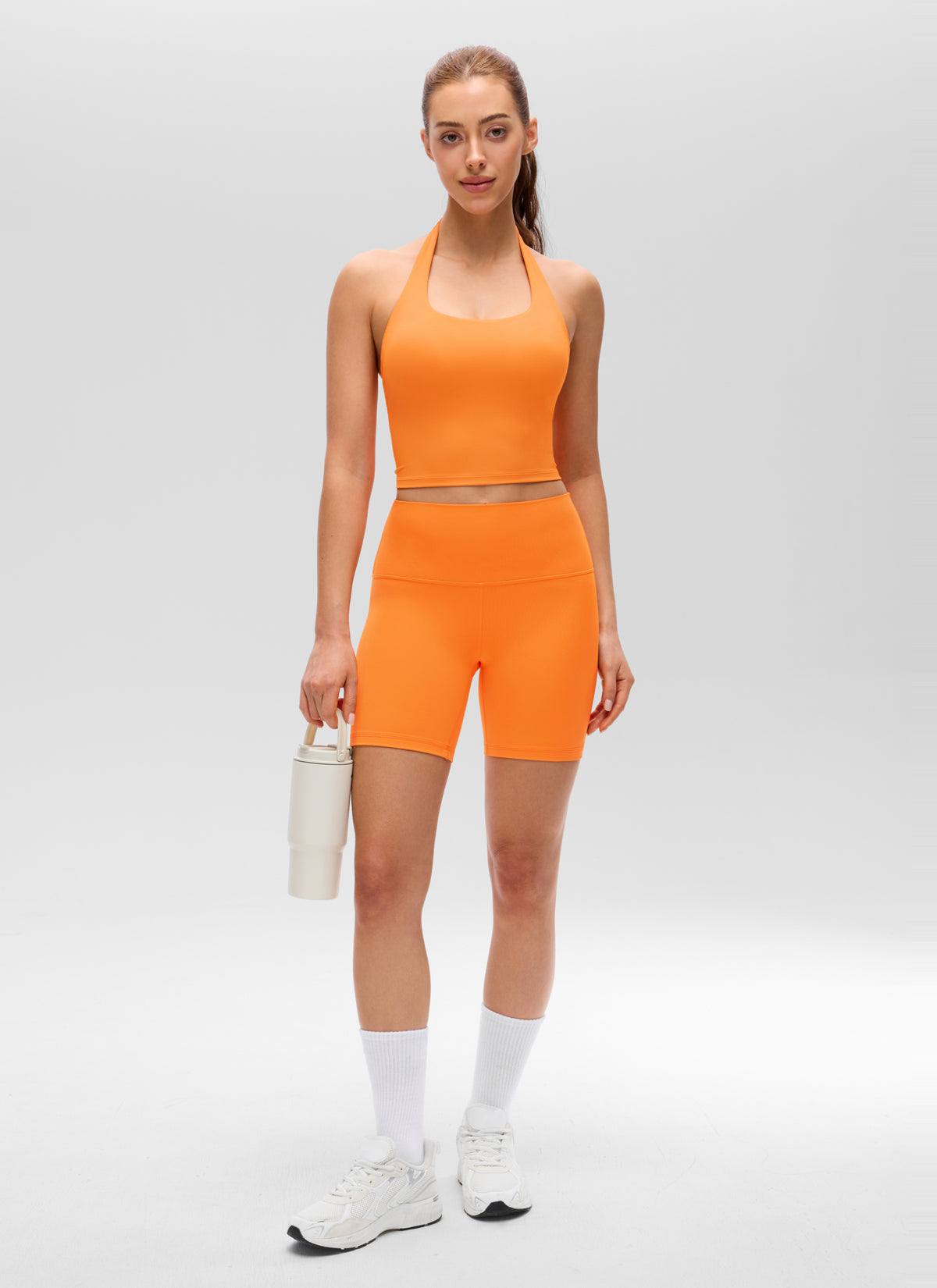 CRZ YOGA Womens Butterluxe Halter Longline Sports Bra Crop Tank Tops Tiger Orange @model_info:L