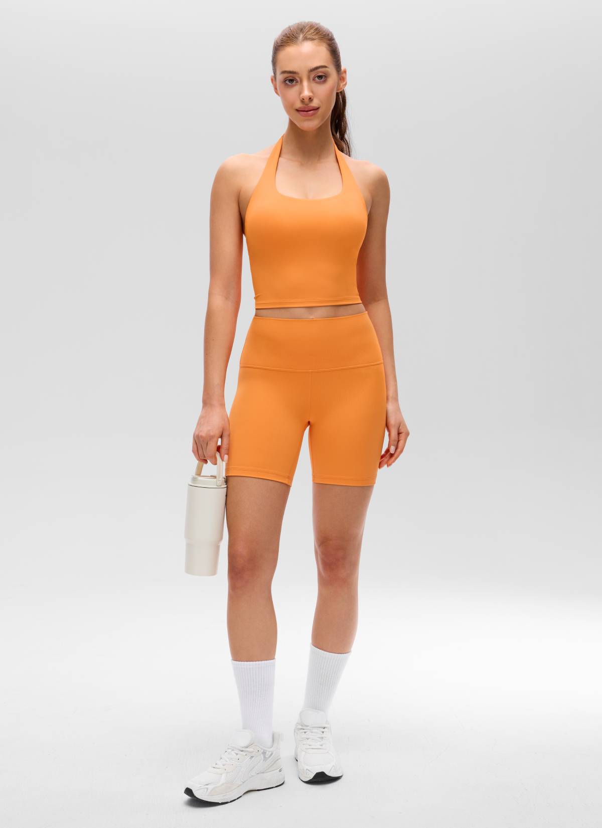 CRZ YOGA Womens Butterluxe Halter Longline Sports Bra Crop Tank Tops Tiger Orange