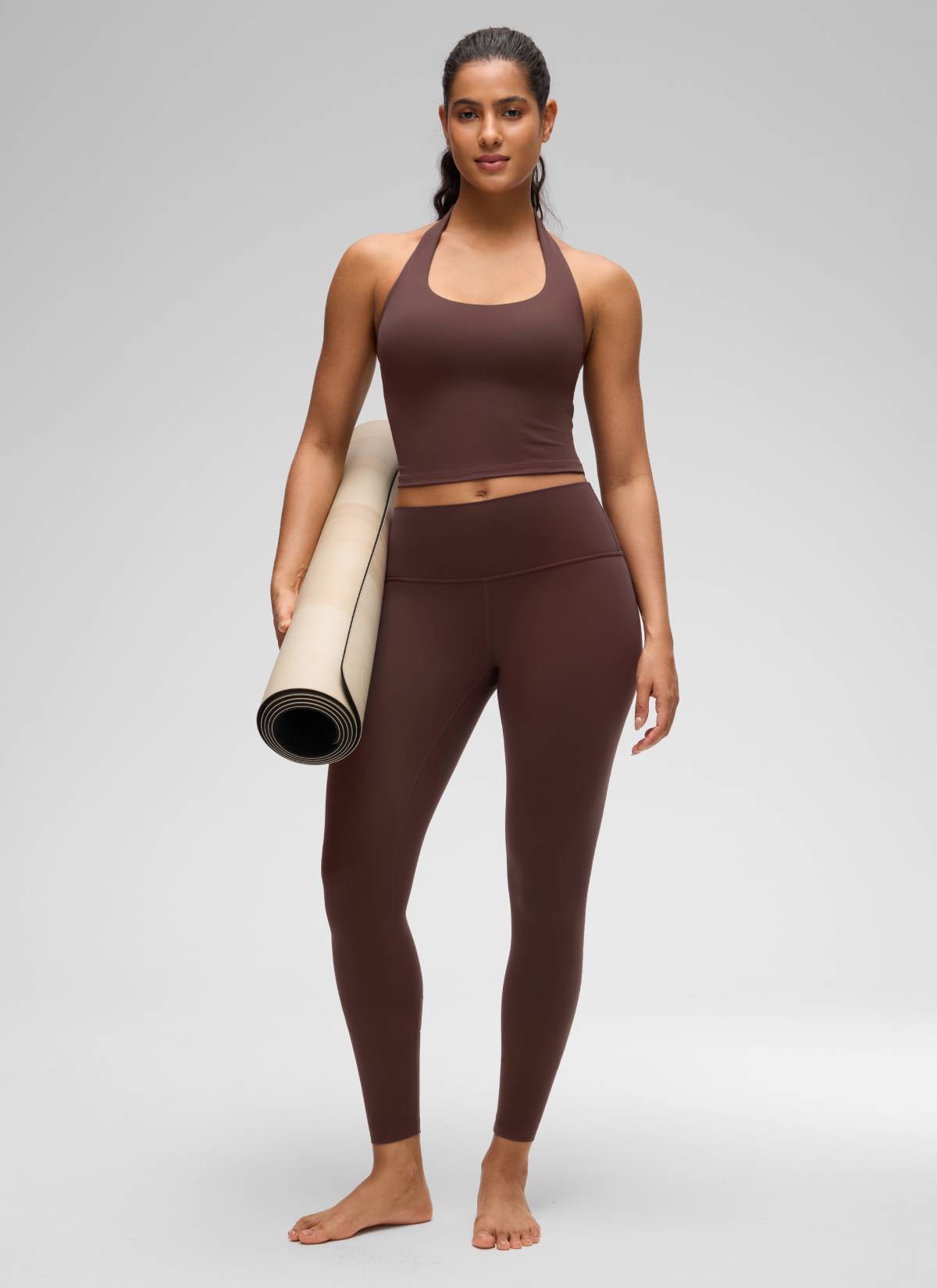 CRZ YOGA Womens Butterluxe Halter Longline Sports Bra Crop Tank Tops Taupe @model_info:Carol