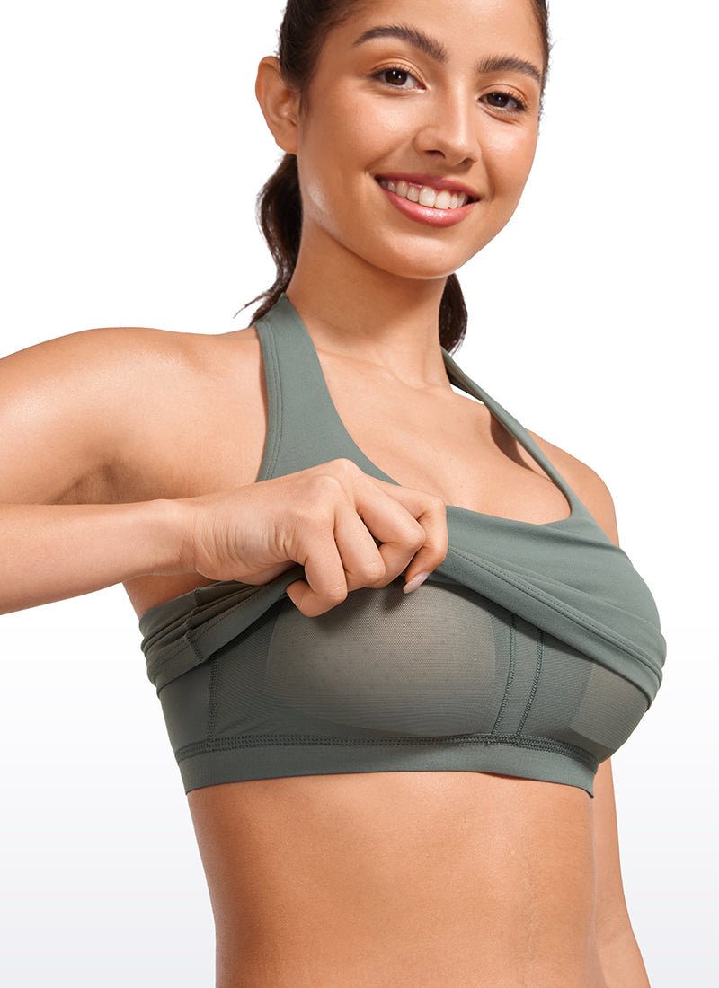 CRZ YOGA Sutien sport pentru femei Butterluxe, cu decolteu halter și croi lung, topuri crop, gri-salvie