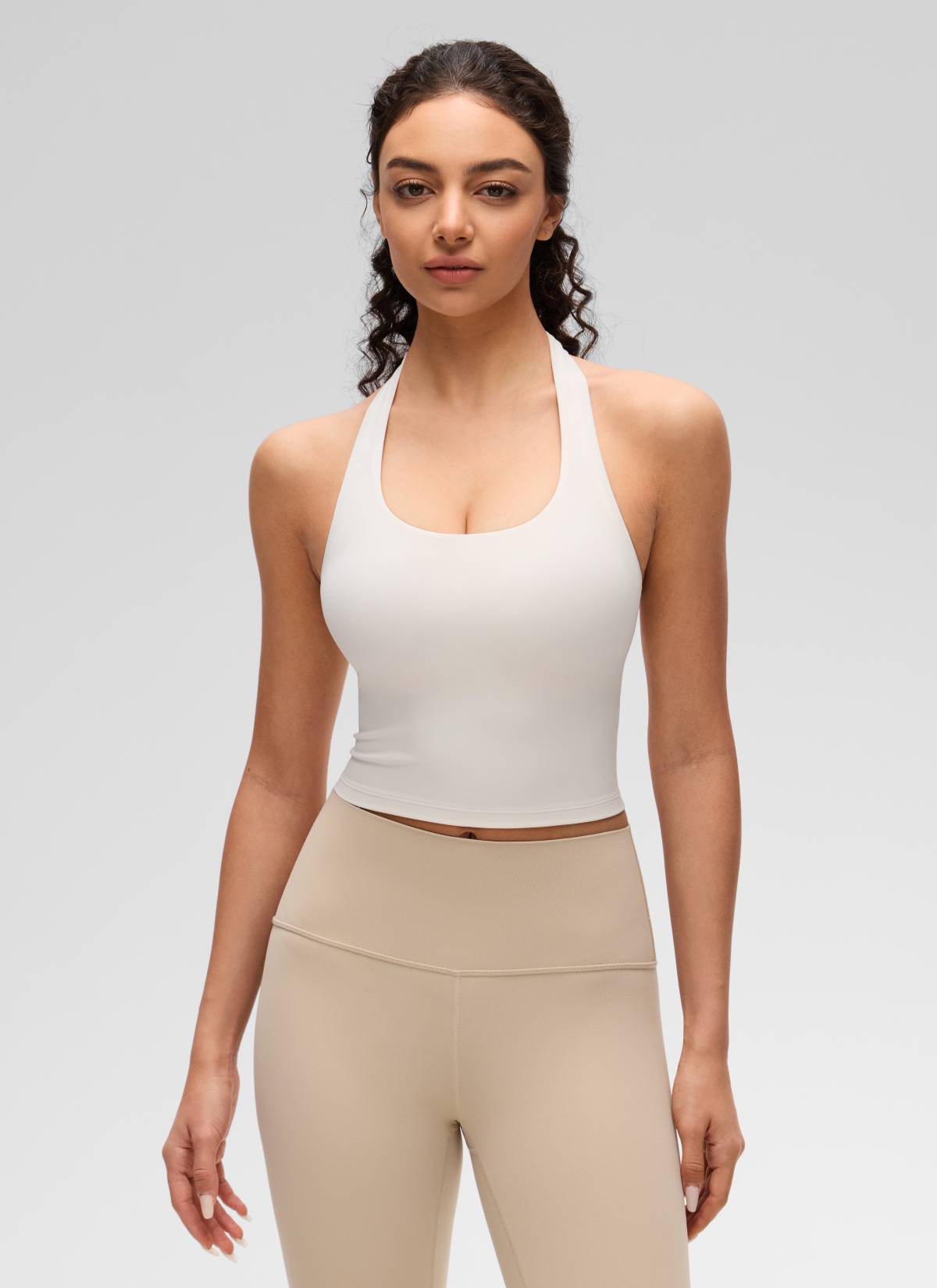 CRZ YOGA Womens Butterluxe Halter Longline Sports Bra Crop Tank Tops White Apricot @model_info:Anano