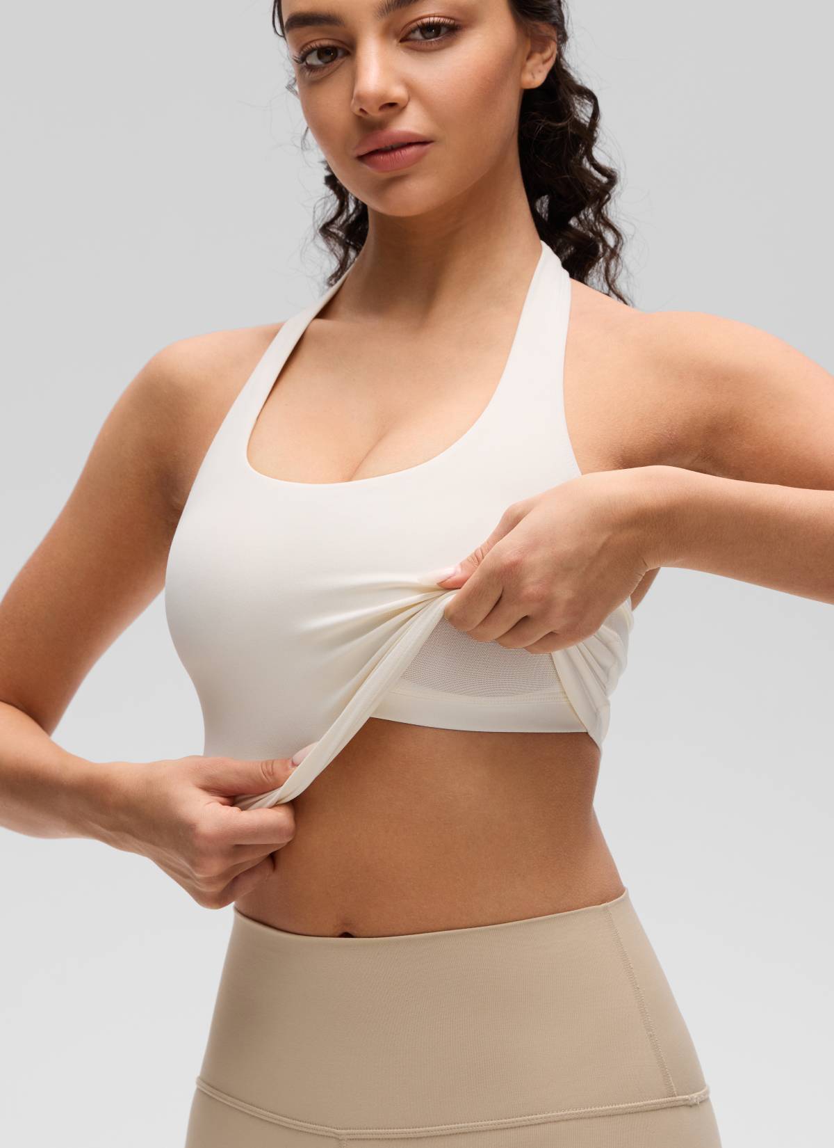 CRZ YOGA Womens Butterluxe Halter Longline Sports Bra Crop Tank Tops White Apricot @model_info:Anano
