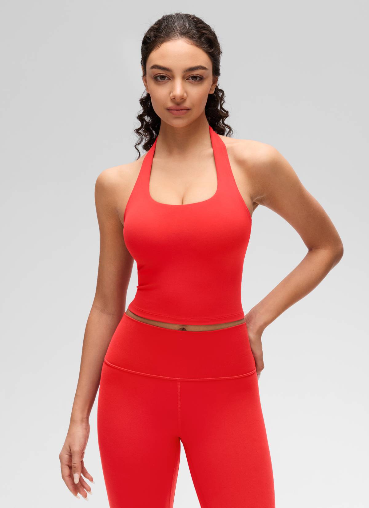 CRZ YOGA Womens Butterluxe Halter Longline Sports Bra Crop Tank Tops Deep Red @model_info:Anano