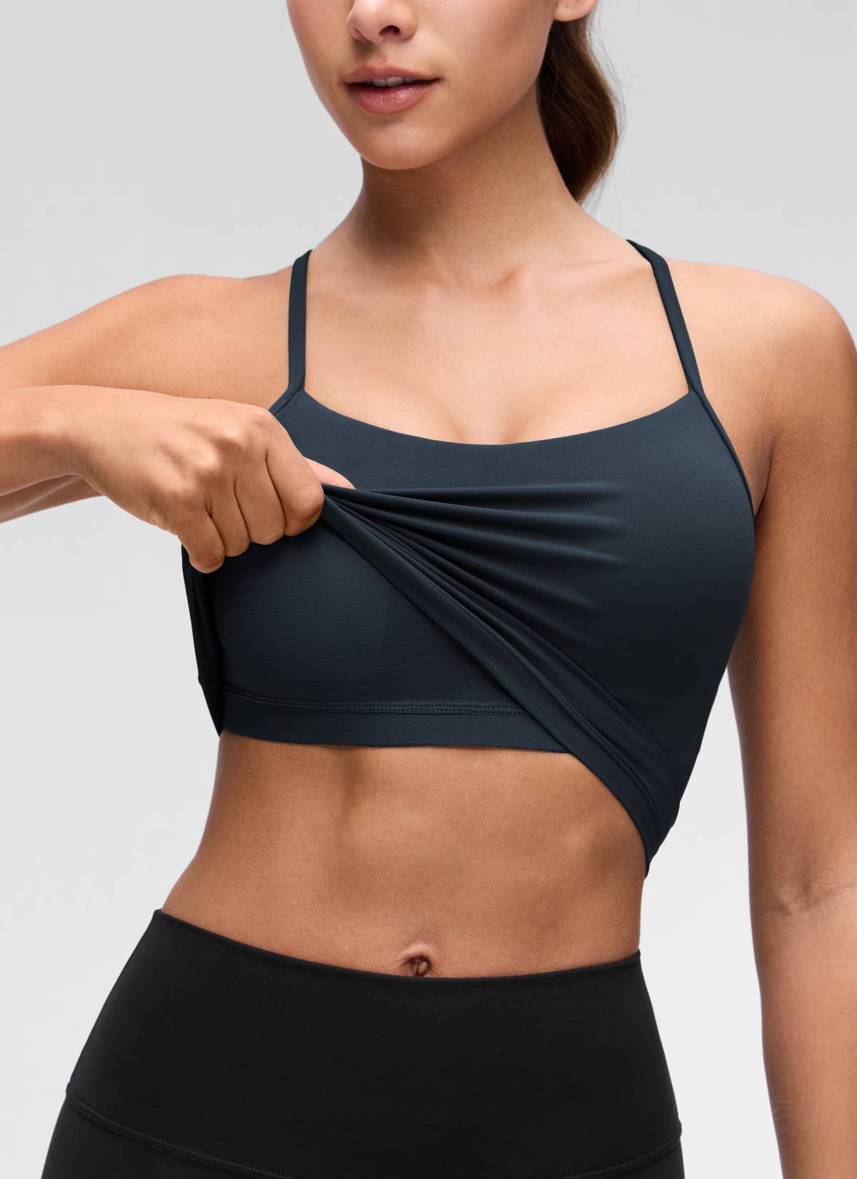Top corto reggiseno sportivo lungo con schiena a Y Butterluxe da donna CRZ YOGA Blu Navy Vero