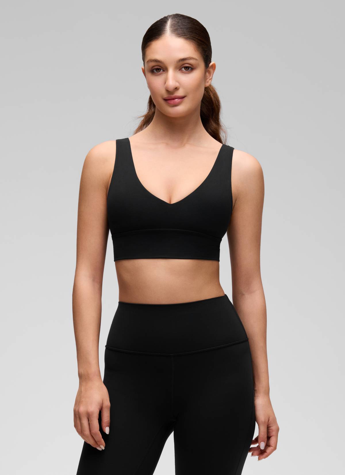 CRZ YOGA Women's Light Support Butterluxe Yoga Bra Longline U back V Neck Black @model_info:Inga