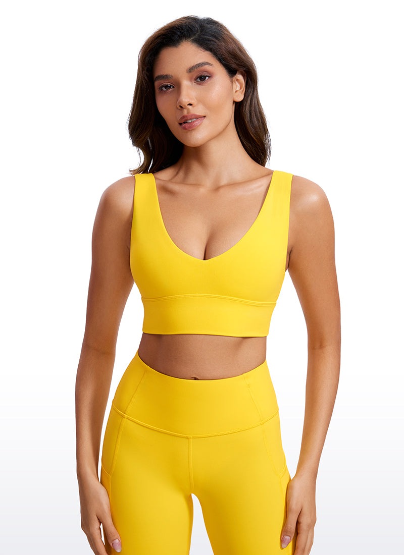 CRZ YOGA Women's Light Support Butterluxe Yoga Bra Longline U back V Neck High Visibility Yellow @model_info:Sara