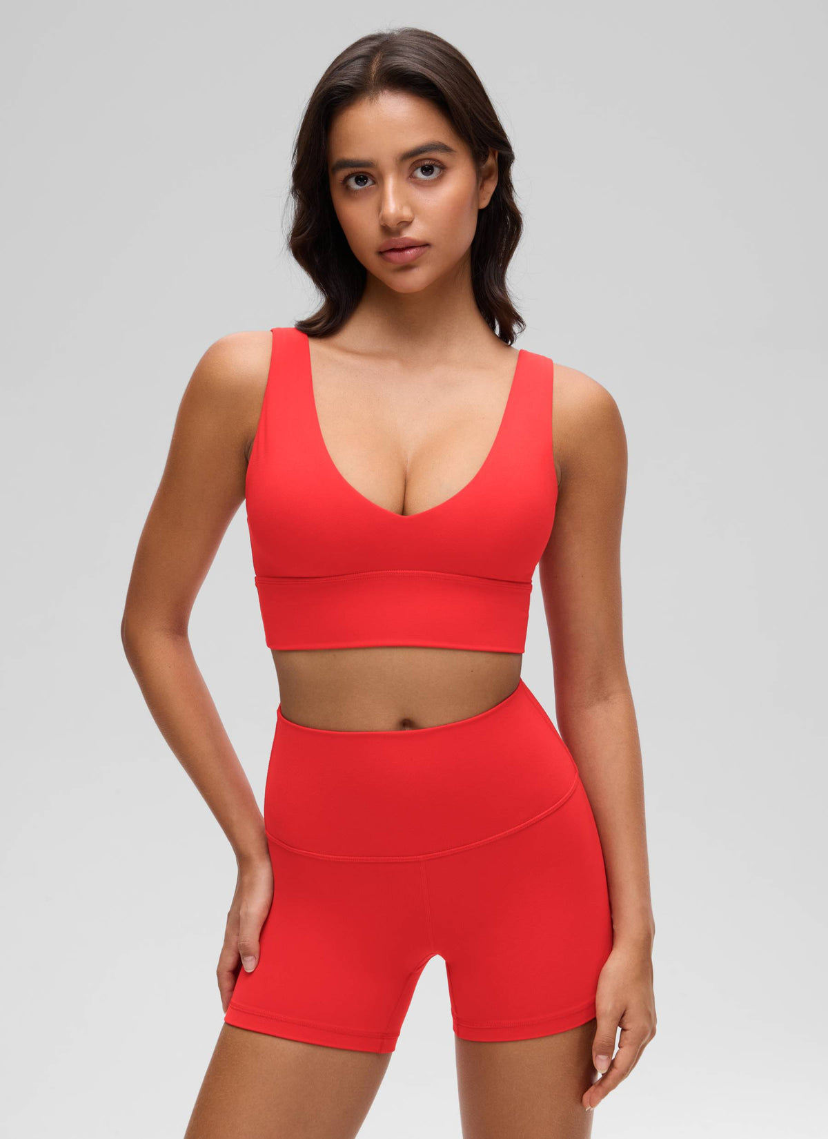 CRZ YOGA Women's Light Support Butterluxe Yoga Bra Longline U back V Neck Deep Red @model_info:Liss