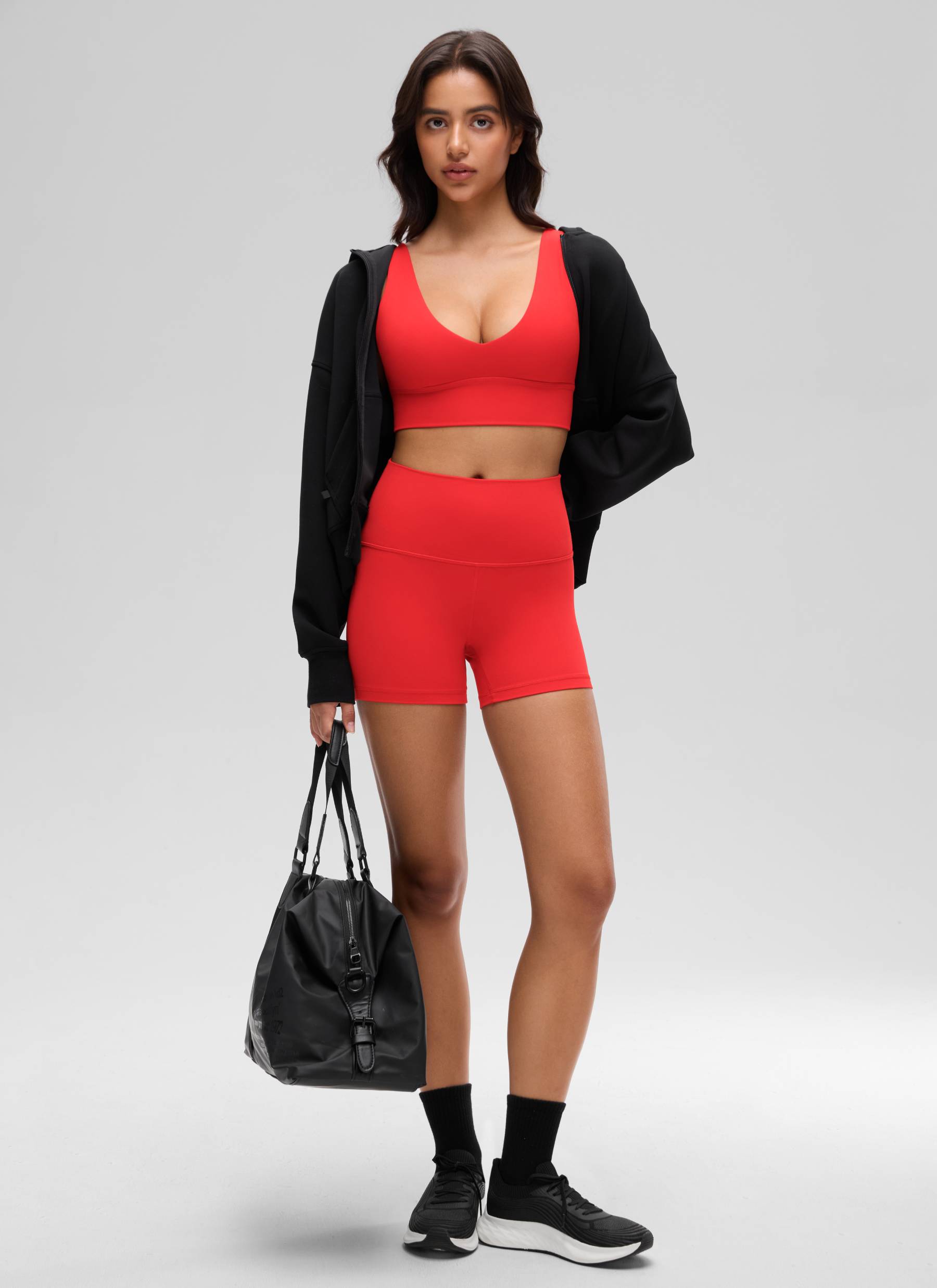 CRZ YOGA Women's Light Support Butterluxe Yoga Bra Longline U back V Neck Deep Red @model_info:Liss