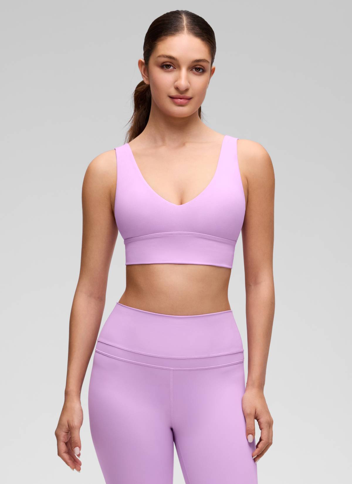CRZ YOGA Women's Light Support Butterluxe Yoga Bra Longline U back V Neck Lilac @model_info:Inga