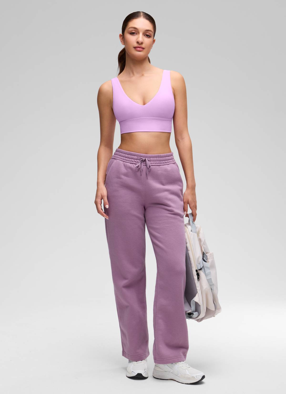 CRZ YOGA Women's Light Support Butterluxe Yoga Bra Longline U back V Neck Lilac @model_info:Inga