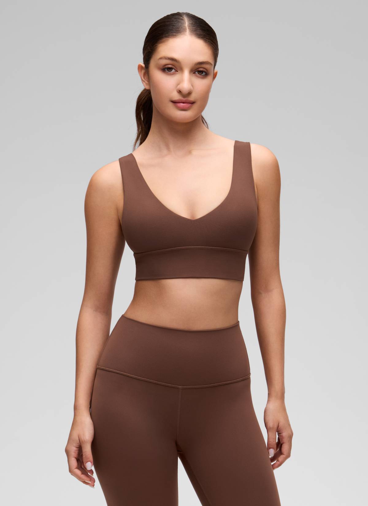 CRZ YOGA Women's Light Support Butterluxe Yoga Bra Longline U back V Neck Coffee Brown @model_info:Inga